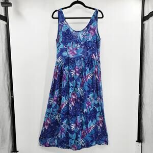 Vintage New Aura Purple Blue Tropical Floral Print Cutout Back Maxi Dress Size M